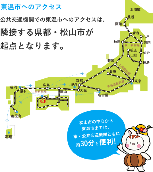 東温市へのアクセス　公共交通機関での東温市へのアクセスは、隣接する県都・松山市が起点となります。松山市の中心から東温市までは、車・公共交通機関ともに約30分と便利！